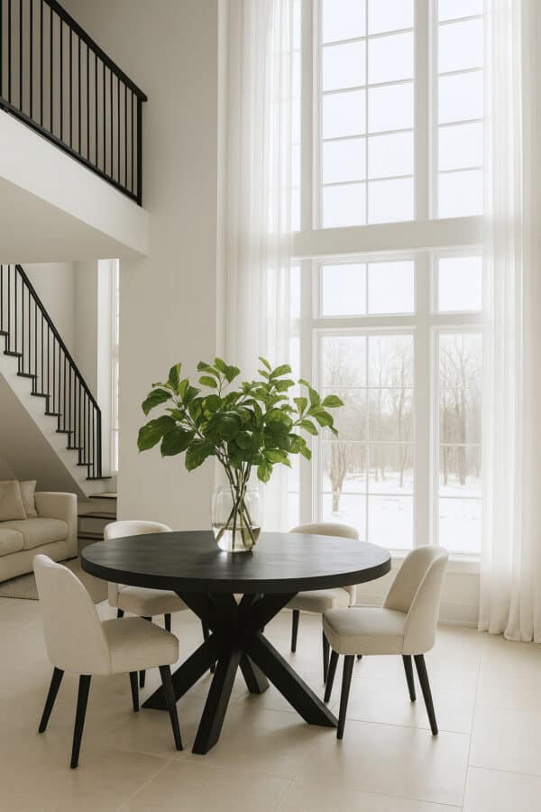 Ronde zwarte eettafel van 150 cm met kruispoot, geplaatst in een licht en modern interieur met hoge plafondvide en grote ramen die veel daglicht binnenlaten. Vier beige stoelen staan rond de tafel en een glazen vaas met groene takken staat centraal op het tafelblad.