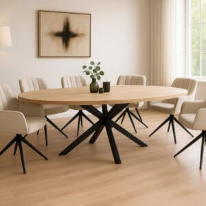 Ovale Naturel Eettafel mangohout met vier draaibare stoelen