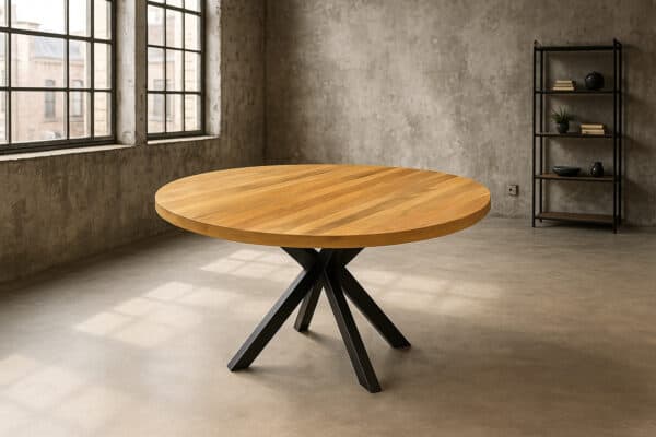 Ronde houten eettafel met een warm, natuurlijk tafelblad en een zwart metalen spinpoot, geplaatst in een industriële ruimte met betonnen vloer, bakstenen ramen en een minimalistische zwarte wandkast met decoratieve objecten.