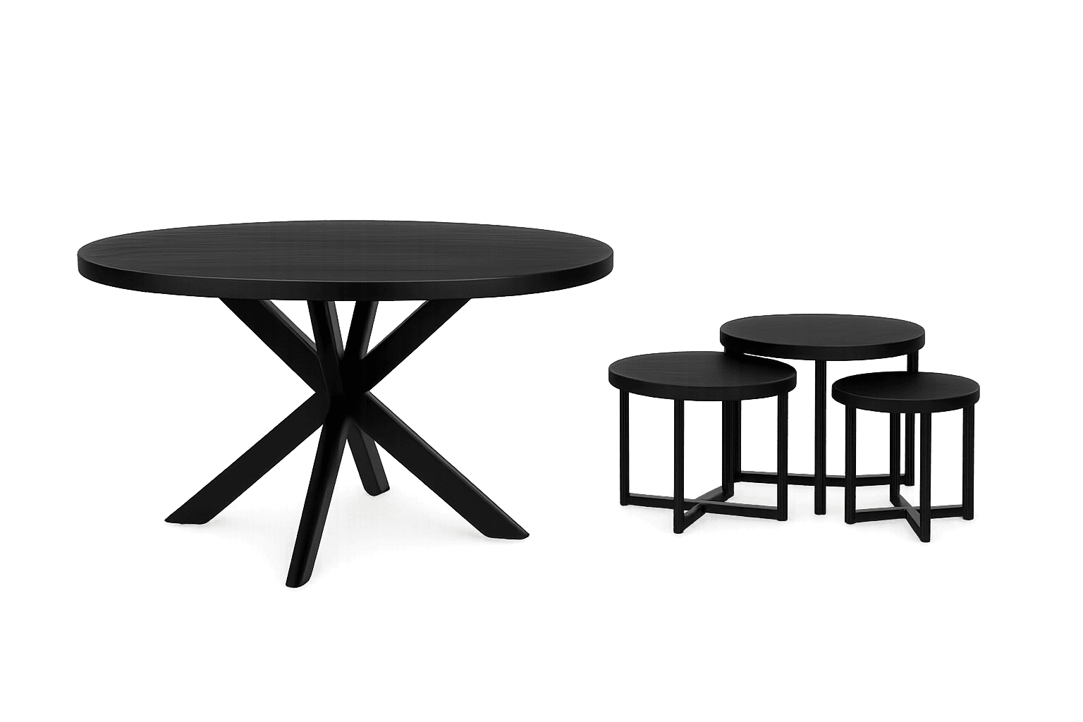 Zwarte ronde mangohouten eettafel met kruispoot onderstel en bijpassende set zwarte ronde mangohouten salontafels in moderne lichte woonruimte.