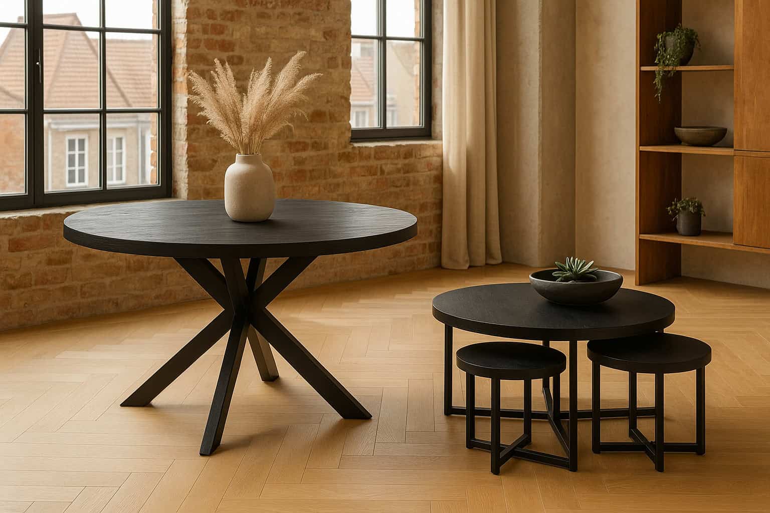 Zwarte ronde mangohouten eettafel met kruispoot onderstel en bijpassende set zwarte ronde mangohouten salontafels in moderne lichte woonruimte.