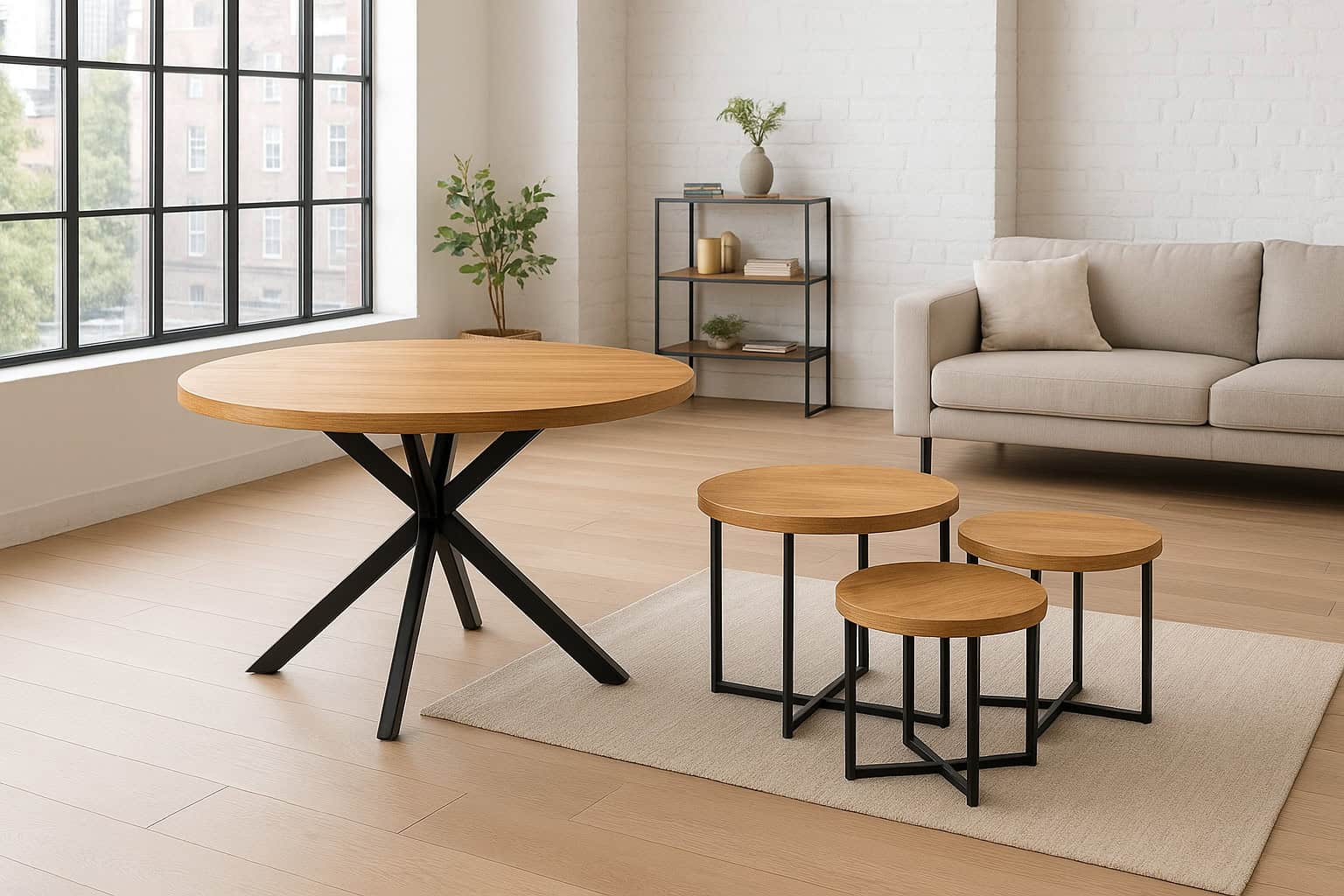 Ronde houten eettafel met zwart metalen kruispoot, gecombineerd met drie bijpassende ronde salontafels in een moderne, lichte woonkamer.