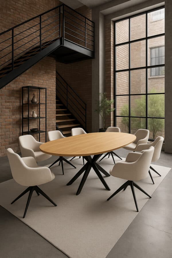 Ovalen eettafel van mangohout met zwart metalen kruispoot en zes beige gestoffeerde eetstoelen