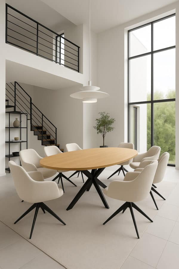 Design eettafel met ovaal houten blad en zwarte metalen spin poot – inclusief beige draaistoelen – modern interieur