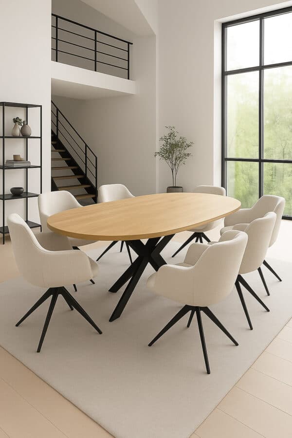 Moderne Deens ovale mangohouten eettafel van licht hout met zwarte matrixpoot en beige draaistoelen in een lichte, minimalistische woonkamer.