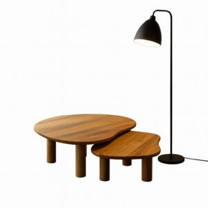 Inschuifbare salontafels van naturel mangohout met organische vormen en ronde poten op witte achtergrond