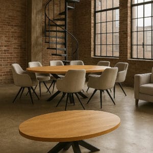 Industrieel ingerichte ruimte met bakstenen muren, grote stalen ramen en een zwarte spiraaltrap, met een ronde mangoohouten tafel omringd door beige gestoffeerde stoelen en een lage ovalen mangohouten salontafel op de voorgrond.