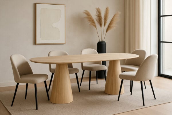 Licht mangohouten eettafel met twee conische poten en vijf beige gestoffeerde eetkamerstoelen in een moderne, minimalistische eetkamer met neutrale tinten.