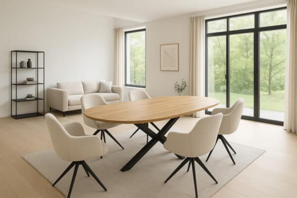 Deens Ovale mangohouten eettafel met zwarte kruispoot en zes beige draaistoelen in lichte moderne woonkamer.”