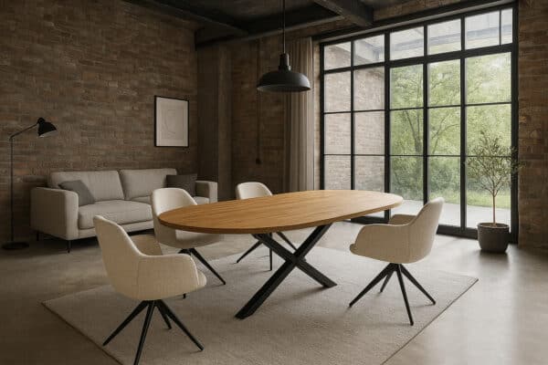 Deens Ovale mangohouten eettafel met zwart metalen spin poot, gecombineerd met crème draaistoelen in een industriële woonkamer met bakstenen muur en grote raampartijen.”