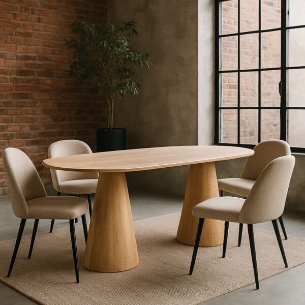 Ovale mangohouten eettafel van 240 cm met twee kolompoten in naturel mangohout