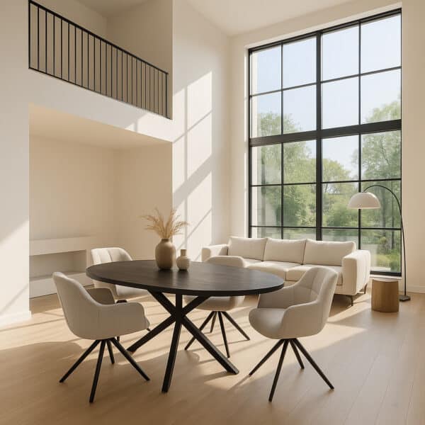 Zwarte ovale mangohouten eettafel met vier beige draaistoelen