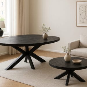 Zwarte ovale mangohouten eettafel met bijpassende lage salontafel in modern interieur”