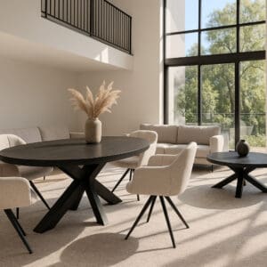 zwart mangohout tafel set met eettafel salontafel en 4 cream draaibare stoelen