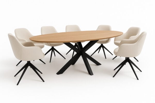 Ovale mangohouten eettafel met zwarte spin poot en zes beige draaistoelen"