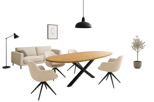 Deens Ovale mangohouten eettafel met zwart metalen spin poot en beige draaistoelen in moderne woonkamer opstelling.