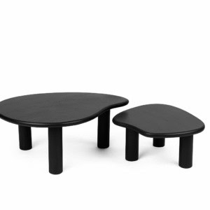 Set zwarte organisch gevormde salontafels met cilindervormige poten op witte achtergrond