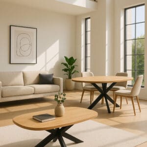 Deens ovale eettafel en salontafel van naturel mangohout met zwarte spinpoot in een lichte moderne woonkamer