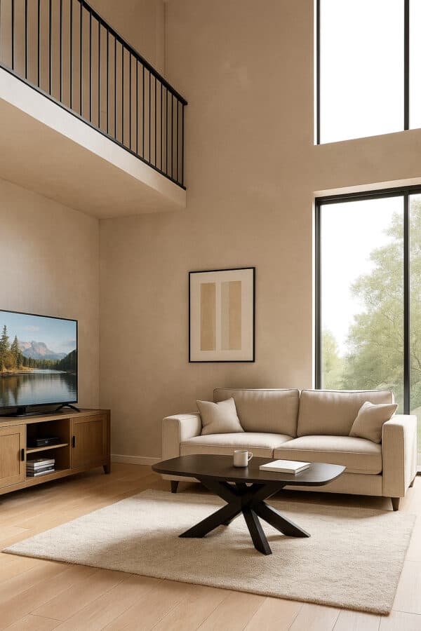 Moderne, lichte woonkamer met een beige bank, zwarte Deens ovale salontafel, houten tv-meubel met een televisie die een natuurmeer toont, en een groot raam met uitzicht op groen. Een kunstwerk hangt aan de muur en er ligt een licht tapijt op de houten vloer